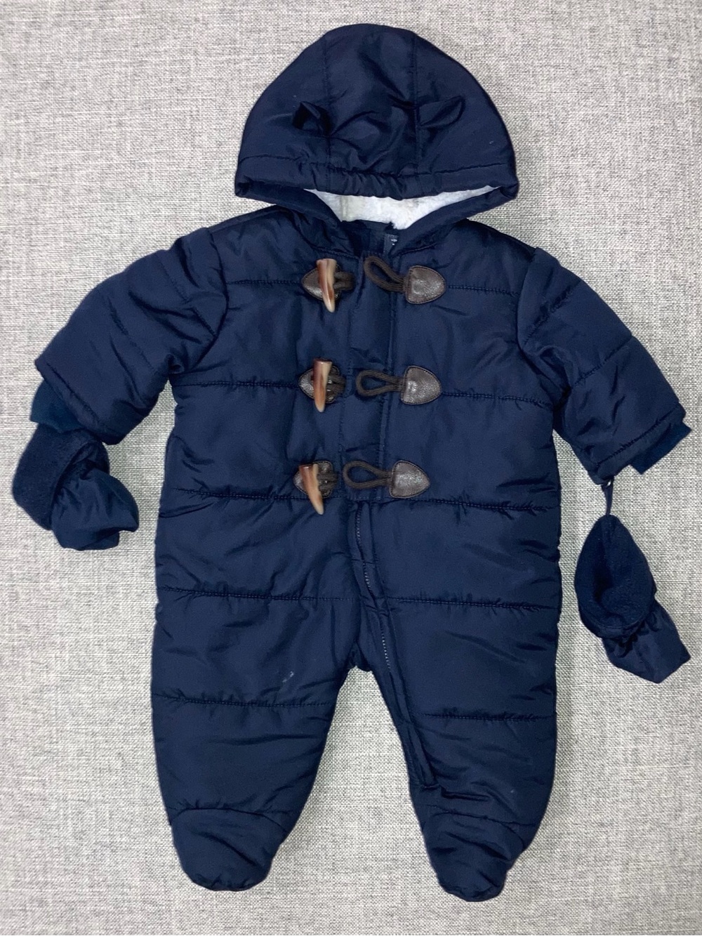 The Children's Place 0-3m Navy Hooded Puffer One-Piece with Mittens